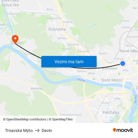 Trnavské Mýto to Devín map