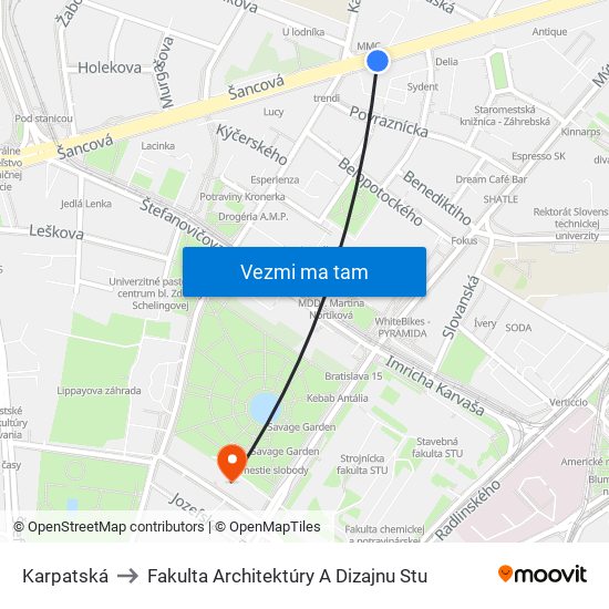 Karpatská to Fakulta Architektúry A Dizajnu Stu map