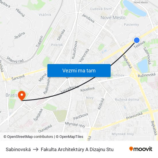 Sabinovská to Fakulta Architektúry A Dizajnu Stu map