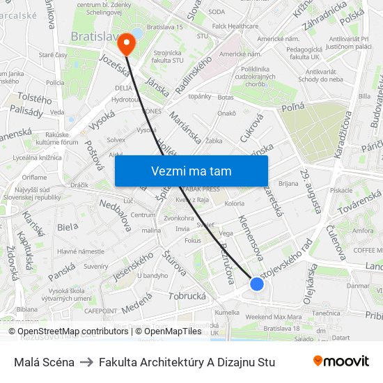 Malá Scéna to Fakulta Architektúry A Dizajnu Stu map
