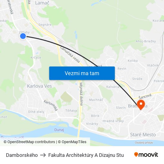 Damborského to Fakulta Architektúry A Dizajnu Stu map