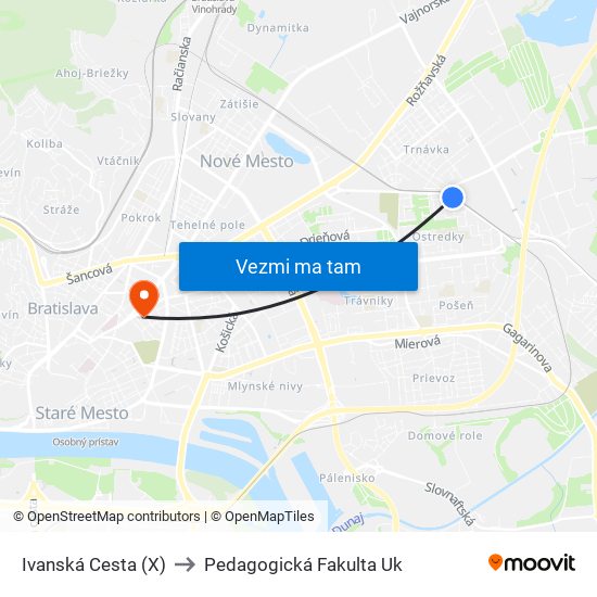 Ivanská Cesta (X) to Pedagogická Fakulta Uk map