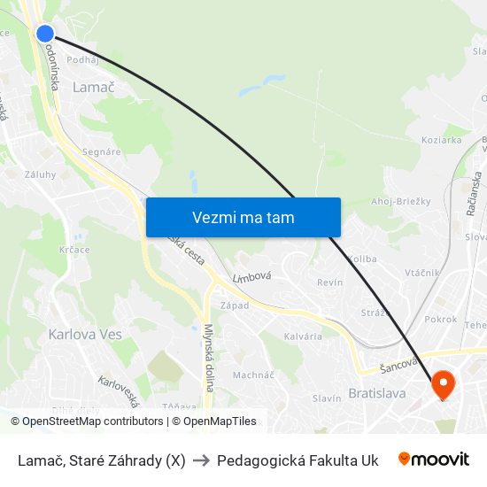 Lamač, Staré Záhrady (X) to Pedagogická Fakulta Uk map