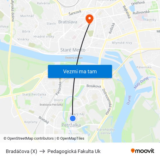 Bradáčova (X) to Pedagogická Fakulta Uk map