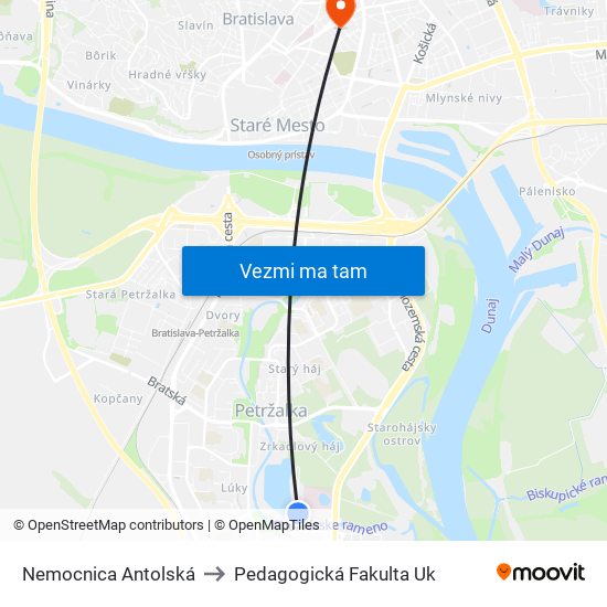 Nemocnica Antolská to Pedagogická Fakulta Uk map