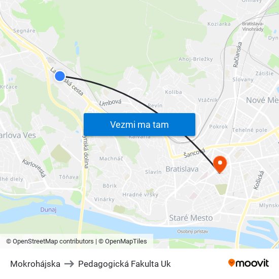 Mokrohájska to Pedagogická Fakulta Uk map