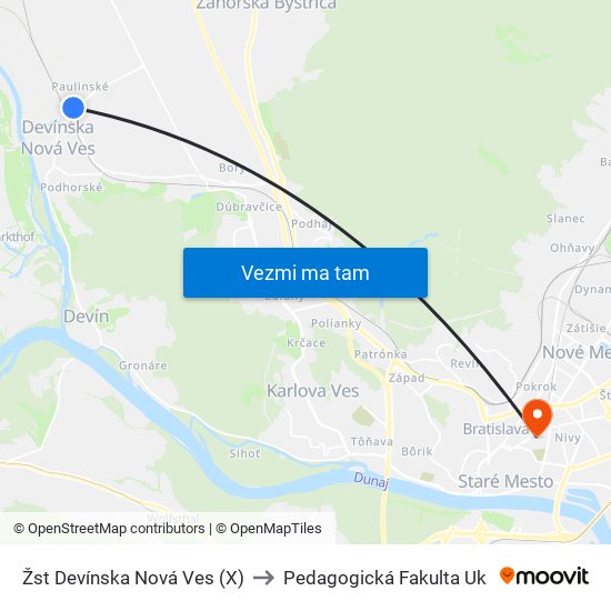 Žst Devínska Nová Ves (X) to Pedagogická Fakulta Uk map