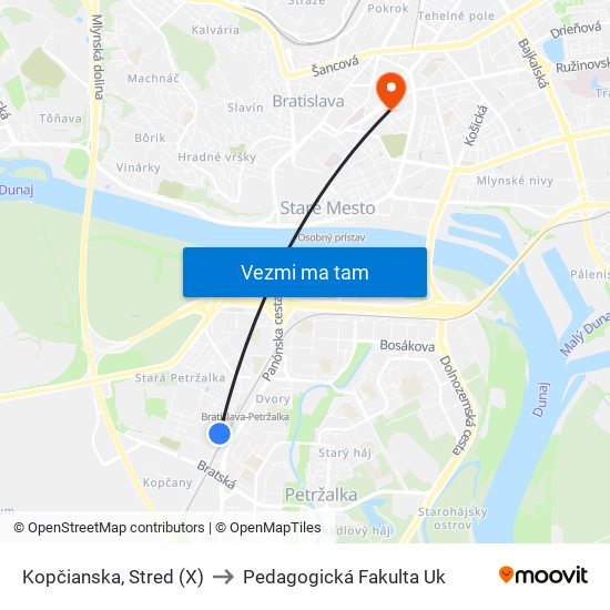 Kopčianska, Stred (X) to Pedagogická Fakulta Uk map