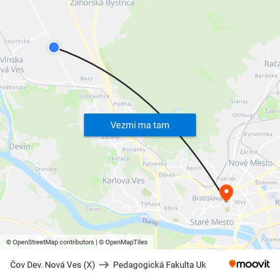 Čov Dev. Nová Ves (X) to Pedagogická Fakulta Uk map