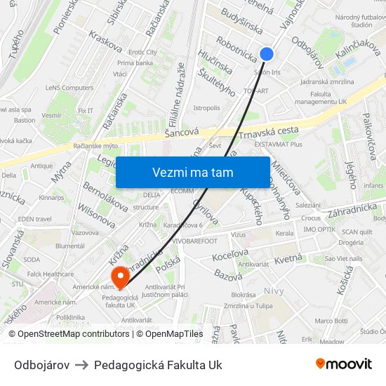 Odbojárov to Pedagogická Fakulta Uk map