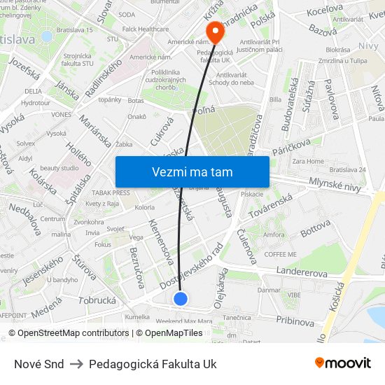 Nové Snd to Pedagogická Fakulta Uk map