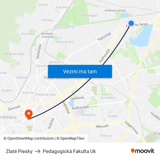 Zlaté Piesky to Pedagogická Fakulta Uk map