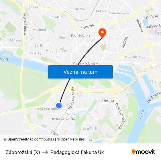 Záporožská (X) to Pedagogická Fakulta Uk map