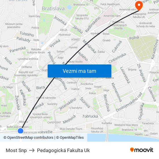 Most Snp to Pedagogická Fakulta Uk map