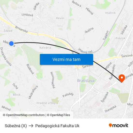 Súbežná (X) to Pedagogická Fakulta Uk map