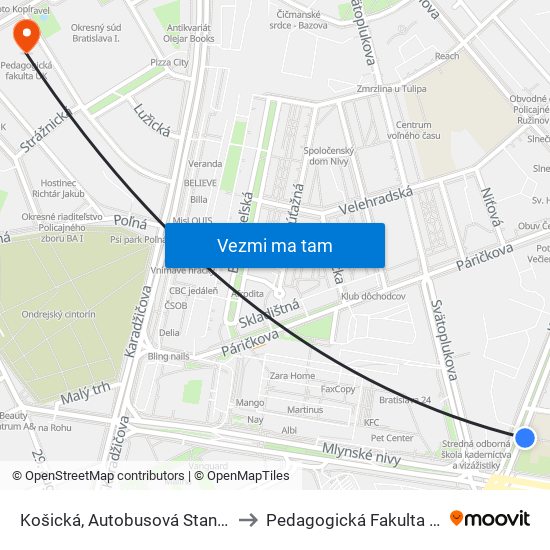 Košická, Autobusová Stanica to Pedagogická Fakulta Uk map