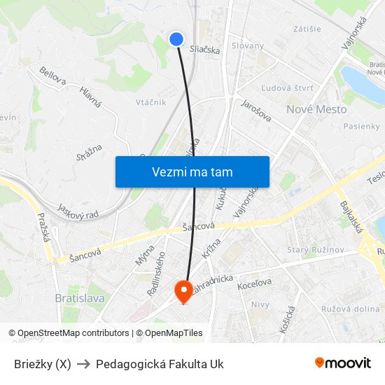 Briežky (X) to Pedagogická Fakulta Uk map