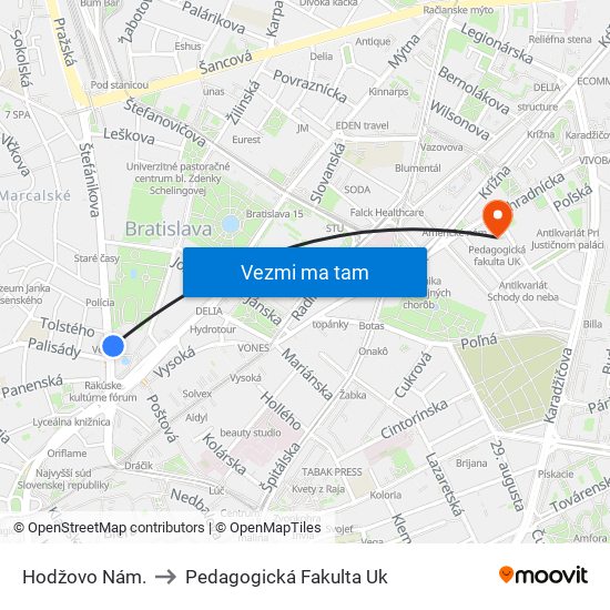 Hodžovo Nám. to Pedagogická Fakulta Uk map