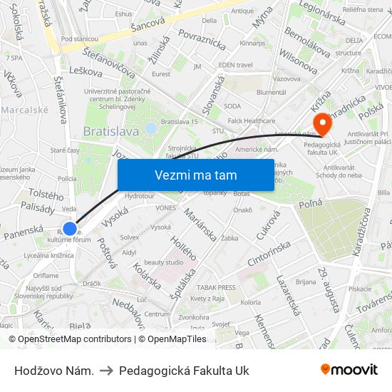 Hodžovo Nám. to Pedagogická Fakulta Uk map