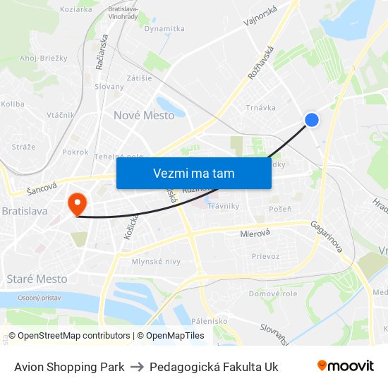 Avion Shopping Park to Pedagogická Fakulta Uk map