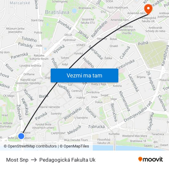 Most Snp to Pedagogická Fakulta Uk map