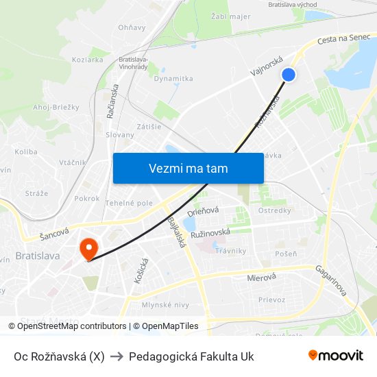 Oc Rožňavská (X) to Pedagogická Fakulta Uk map