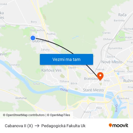 Cabanova II (X) to Pedagogická Fakulta Uk map