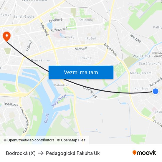 Bodrocká (X) to Pedagogická Fakulta Uk map