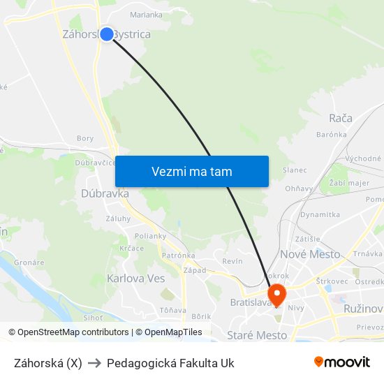 Záhorská (X) to Pedagogická Fakulta Uk map