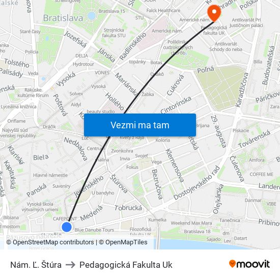 Nám. Ľ. Štúra to Pedagogická Fakulta Uk map