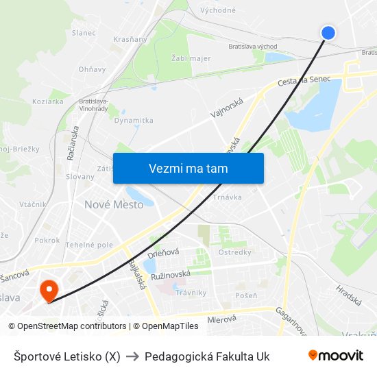 Športové Letisko (X) to Pedagogická Fakulta Uk map