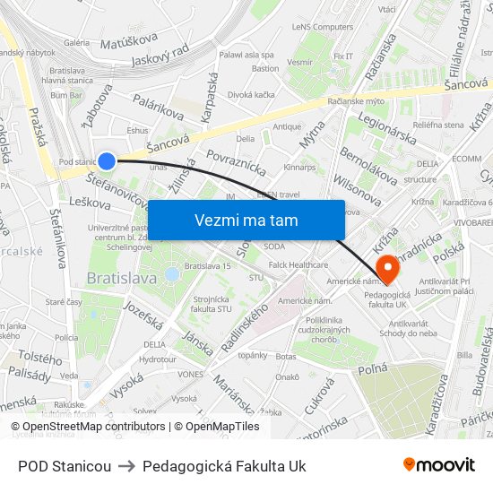 POD Stanicou to Pedagogická Fakulta Uk map