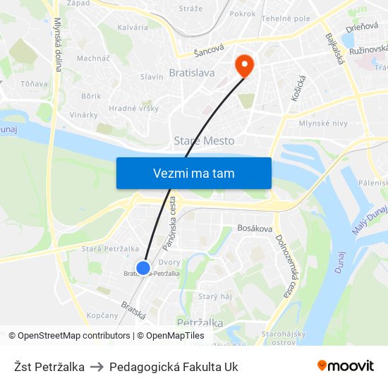 Žst Petržalka to Pedagogická Fakulta Uk map