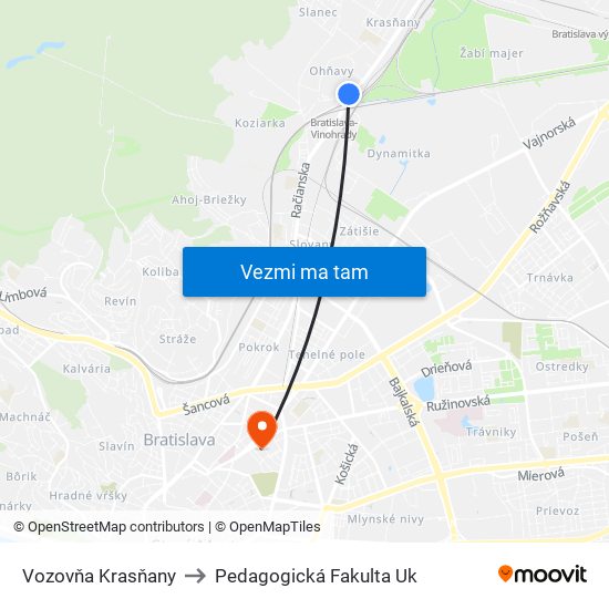 Vozovňa Krasňany to Pedagogická Fakulta Uk map