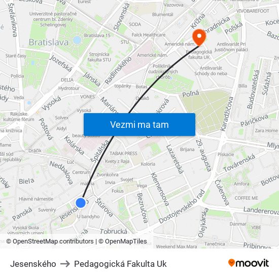 Jesenského to Pedagogická Fakulta Uk map