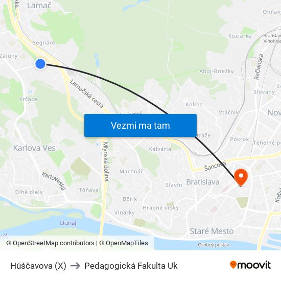 Húščavova (X) to Pedagogická Fakulta Uk map