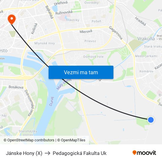 Jánske Hony (X) to Pedagogická Fakulta Uk map