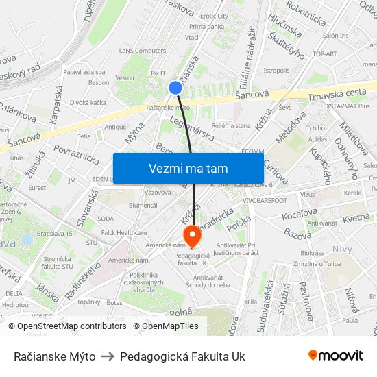 Račianske Mýto to Pedagogická Fakulta Uk map