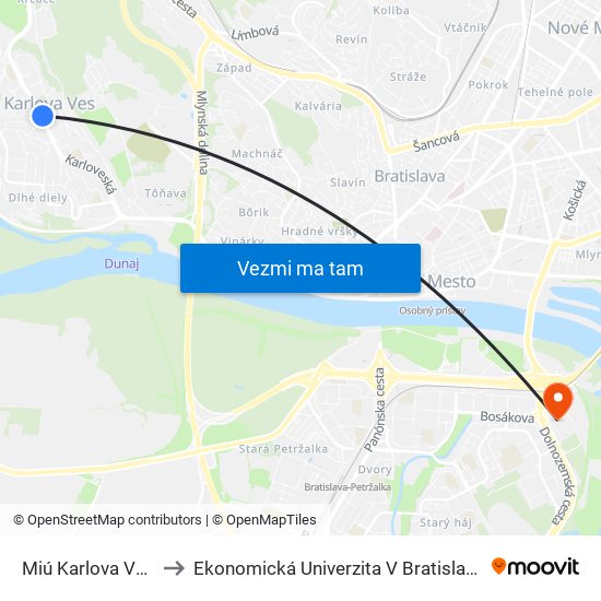 Miú Karlova Ves to Ekonomická Univerzita V Bratislave map