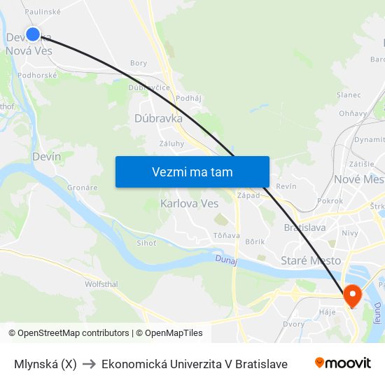 Mlynská (X) to Ekonomická Univerzita V Bratislave map