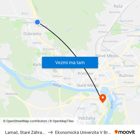 Lamač, Staré Záhrady (X) to Ekonomická Univerzita V Bratislave map