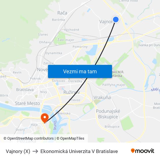 Vajnory (X) to Ekonomická Univerzita V Bratislave map