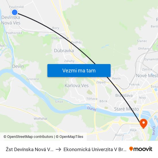 Žst Devínska Nová Ves (X) to Ekonomická Univerzita V Bratislave map