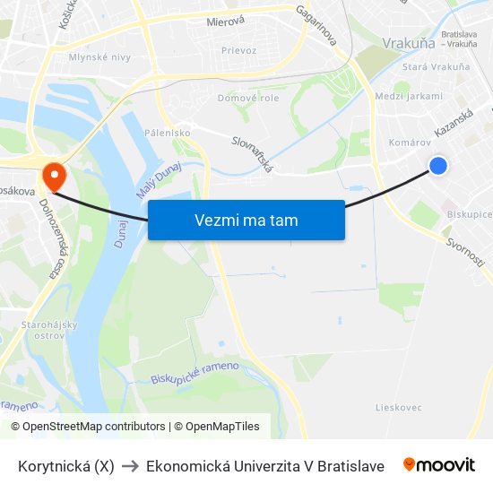 Korytnická (X) to Ekonomická Univerzita V Bratislave map
