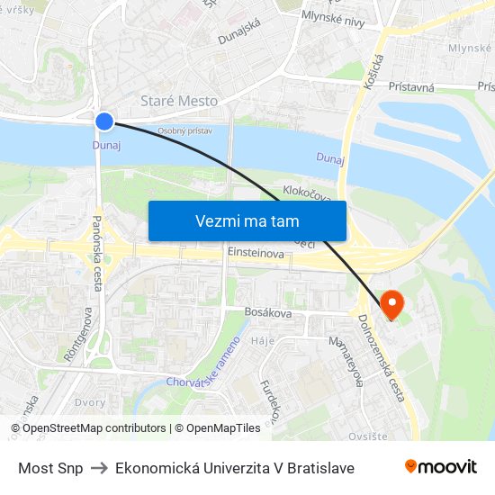 Most Snp to Ekonomická Univerzita V Bratislave map