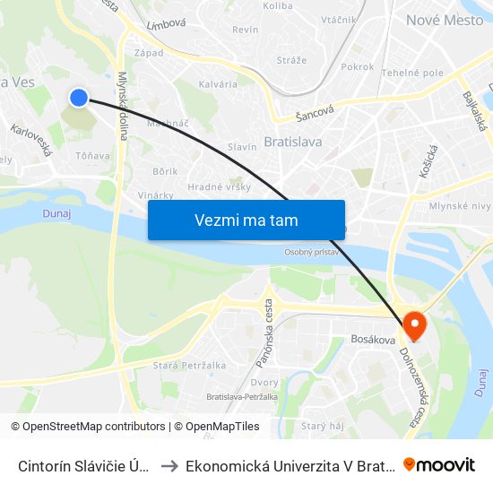 Cintorín Slávičie Údolie to Ekonomická Univerzita V Bratislave map