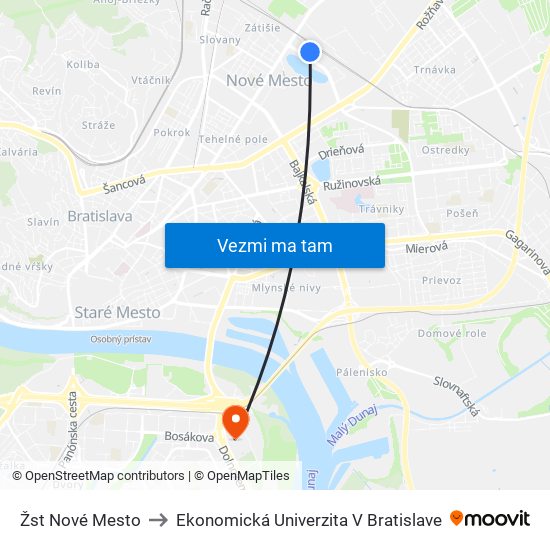 Žst Nové Mesto to Ekonomická Univerzita V Bratislave map