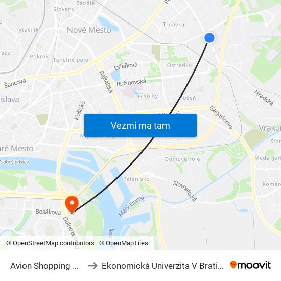 Avion Shopping Park to Ekonomická Univerzita V Bratislave map