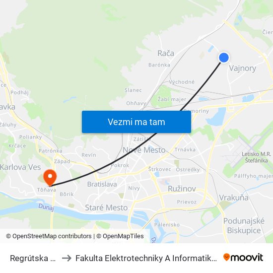 Regrútska (X) to Fakulta Elektrotechniky A Informatiky Stu map