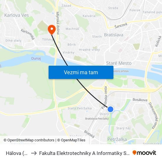 Hálova (X) to Fakulta Elektrotechniky A Informatiky Stu map